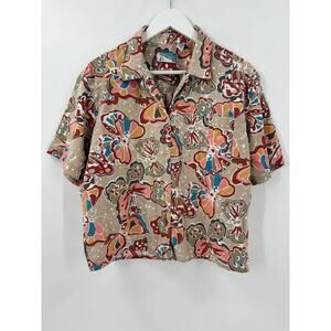 Assemblage Vintage Shirt Womens Medium Beige Butterfly Print Short Sleeve Casual